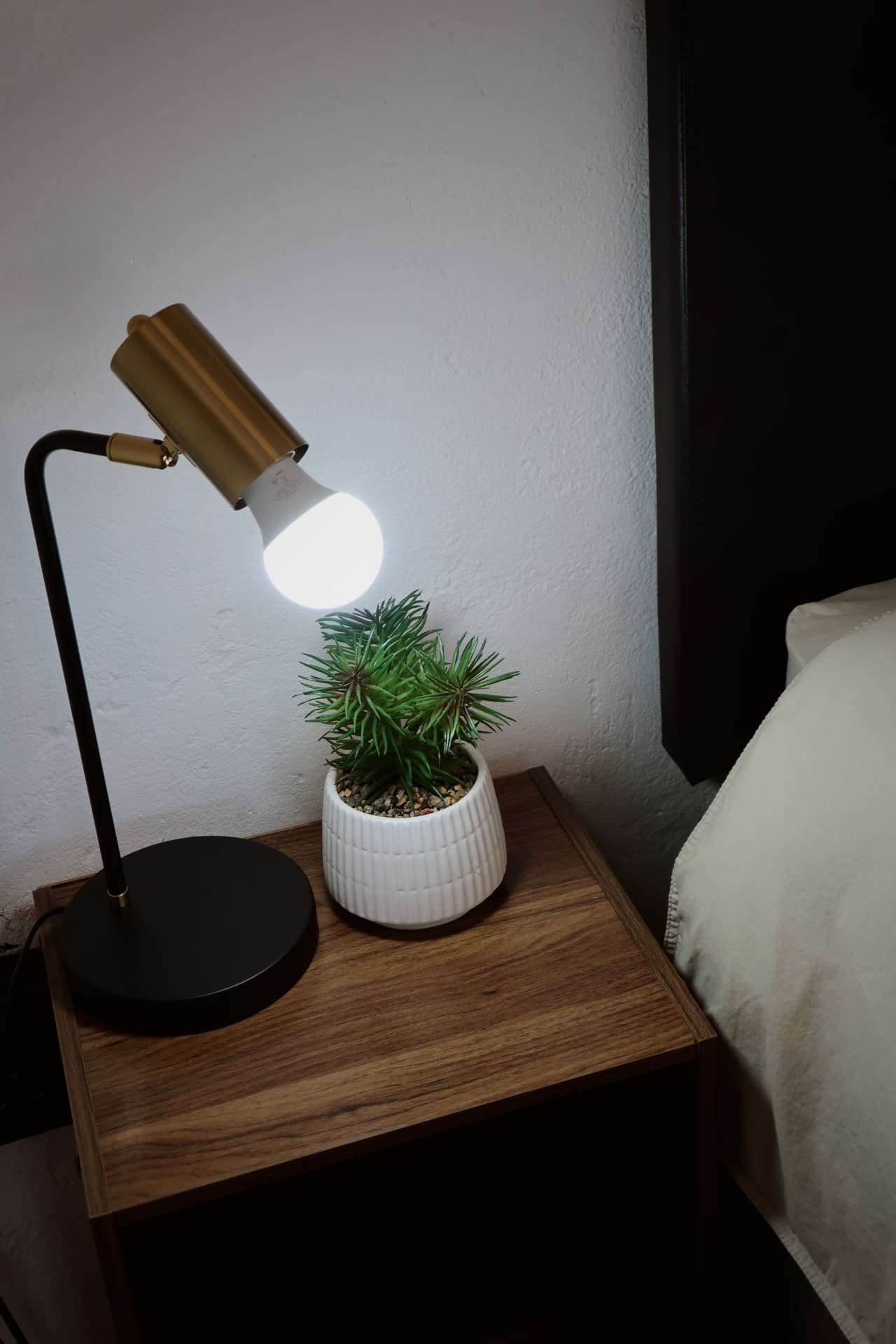 Bedside table with lamp and plant