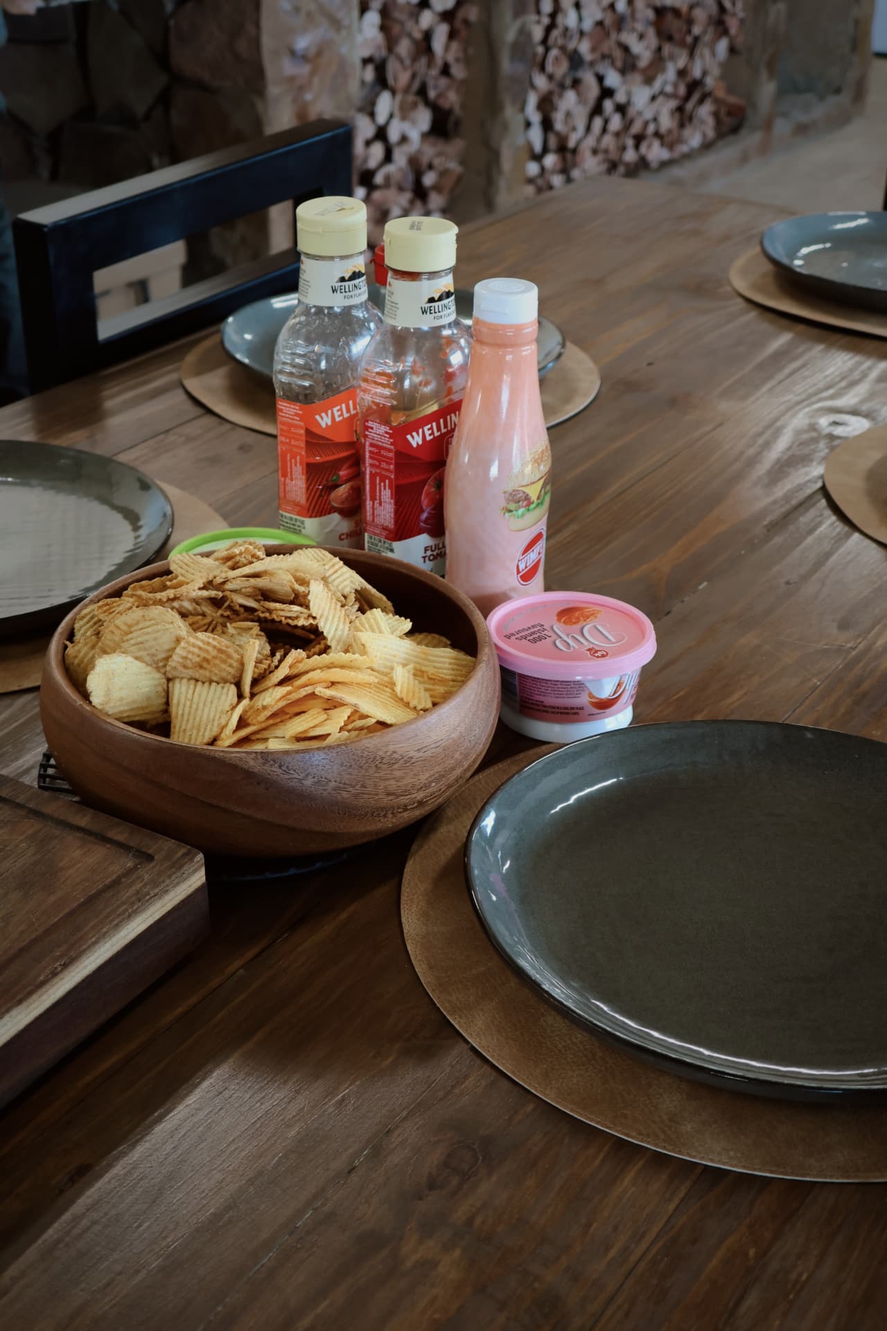 Snacks and sauces on the communal dining table