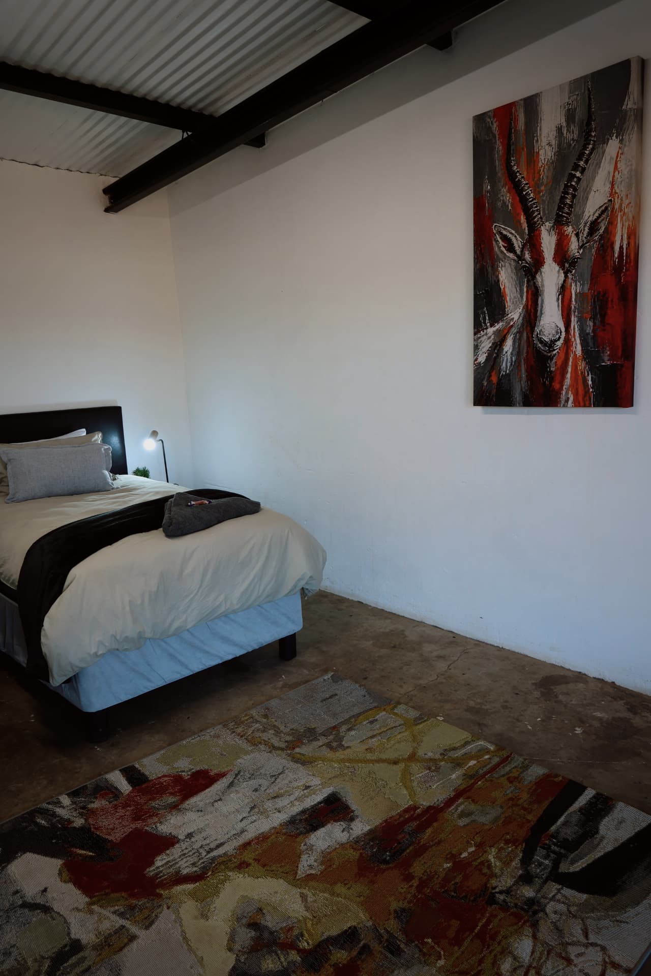 Single room with springbok artwork and patterned rug